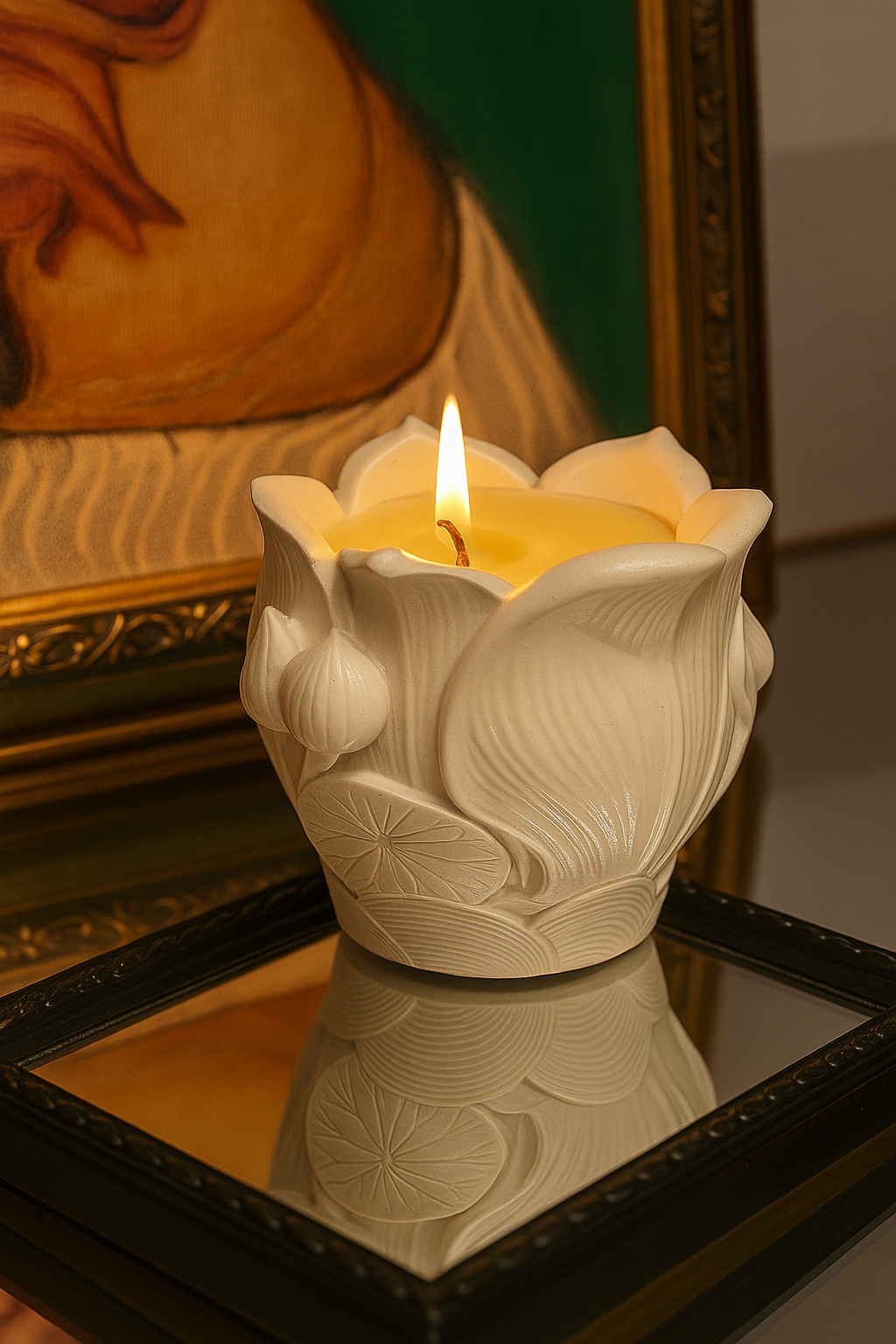 Lotus Blossom Candle: Bohemian Rose Scent, Handmade Gypsum Decor