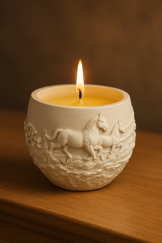 Wild Horses Aroma Candle: Handmade Gypsum Relief, Rustic Home Decor with “Peppermint and Eucalyptus” fragrance.