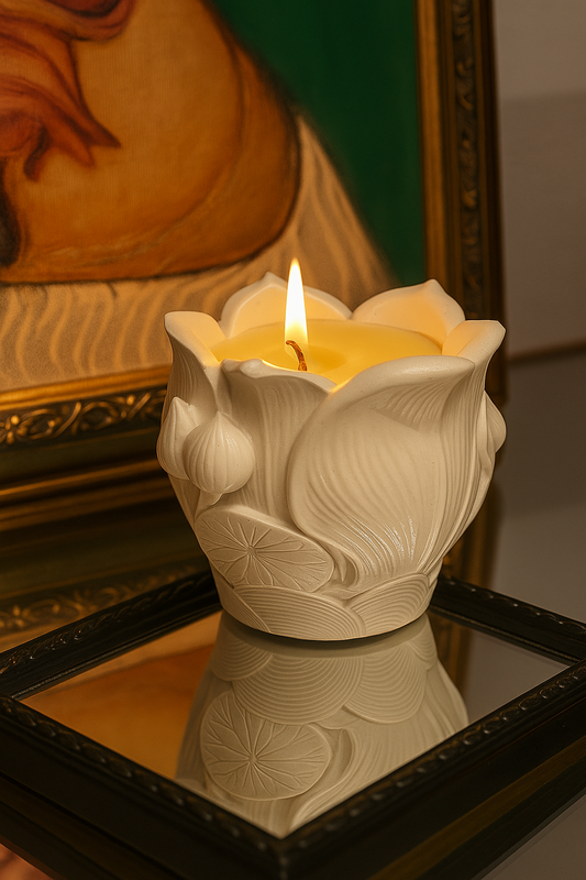 Lotus Blossom Candle: Bohemian Rose Scent, Handmade Gypsum Decor