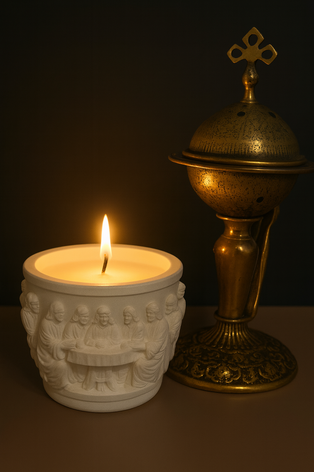 Last Supper Candle: Handmade Gypsum Biblical Relief, Ginger & Spice Scent