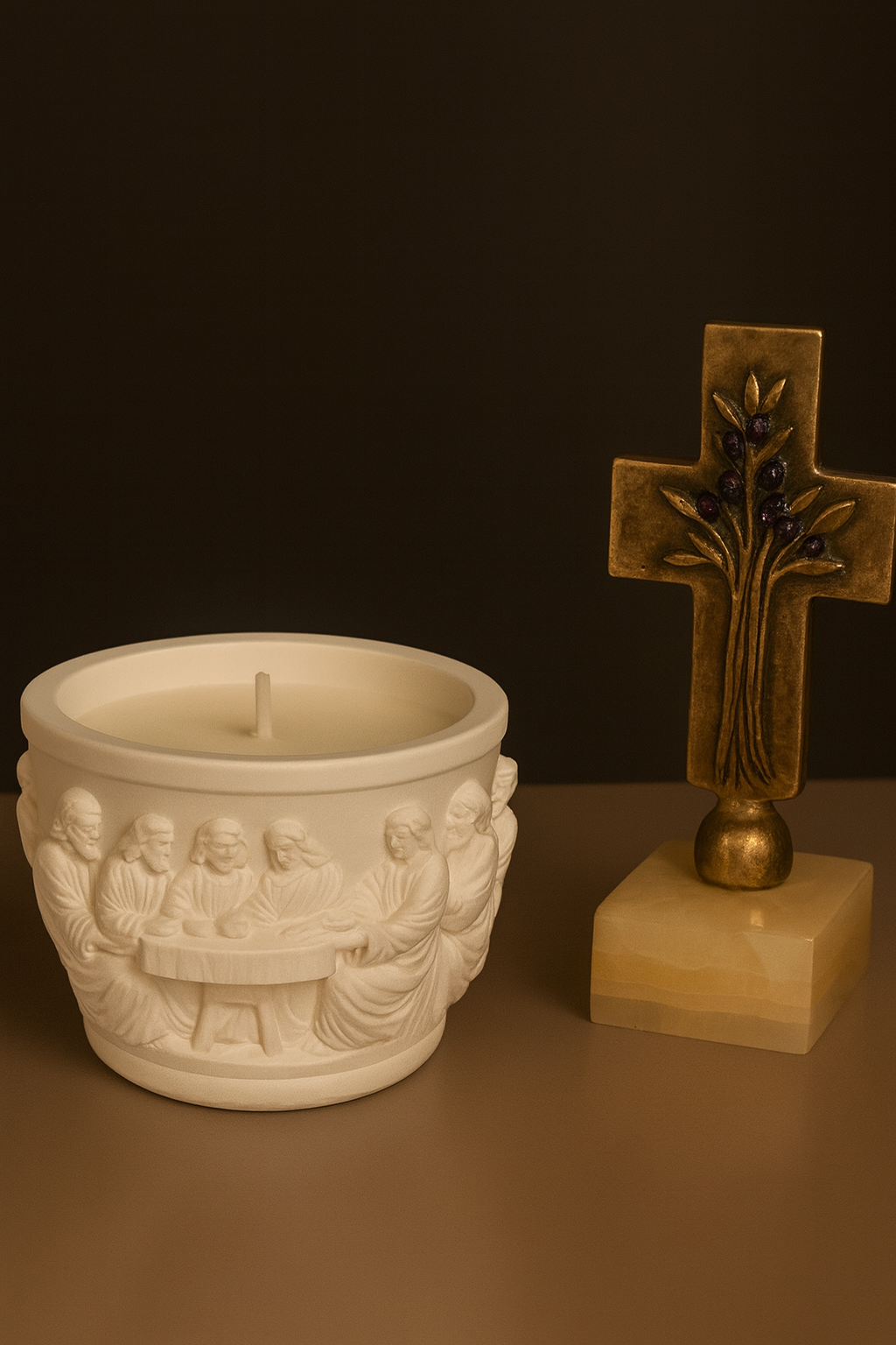 Last Supper Candle: Handmade Gypsum Biblical Relief, Ginger & Spice Scent
