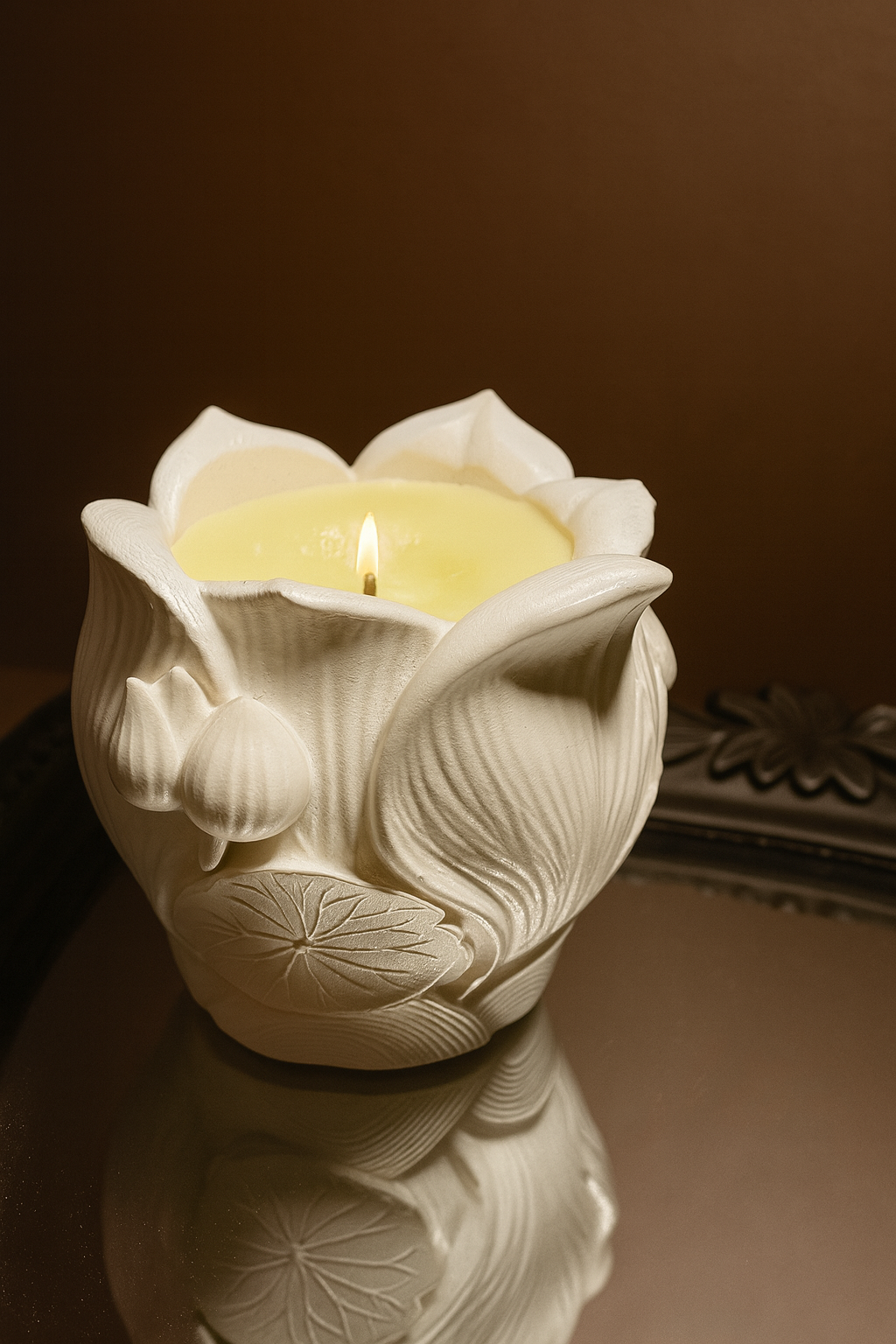 Lotus Blossom Candle: Bohemian Rose Scent, Handmade Gypsum Decor