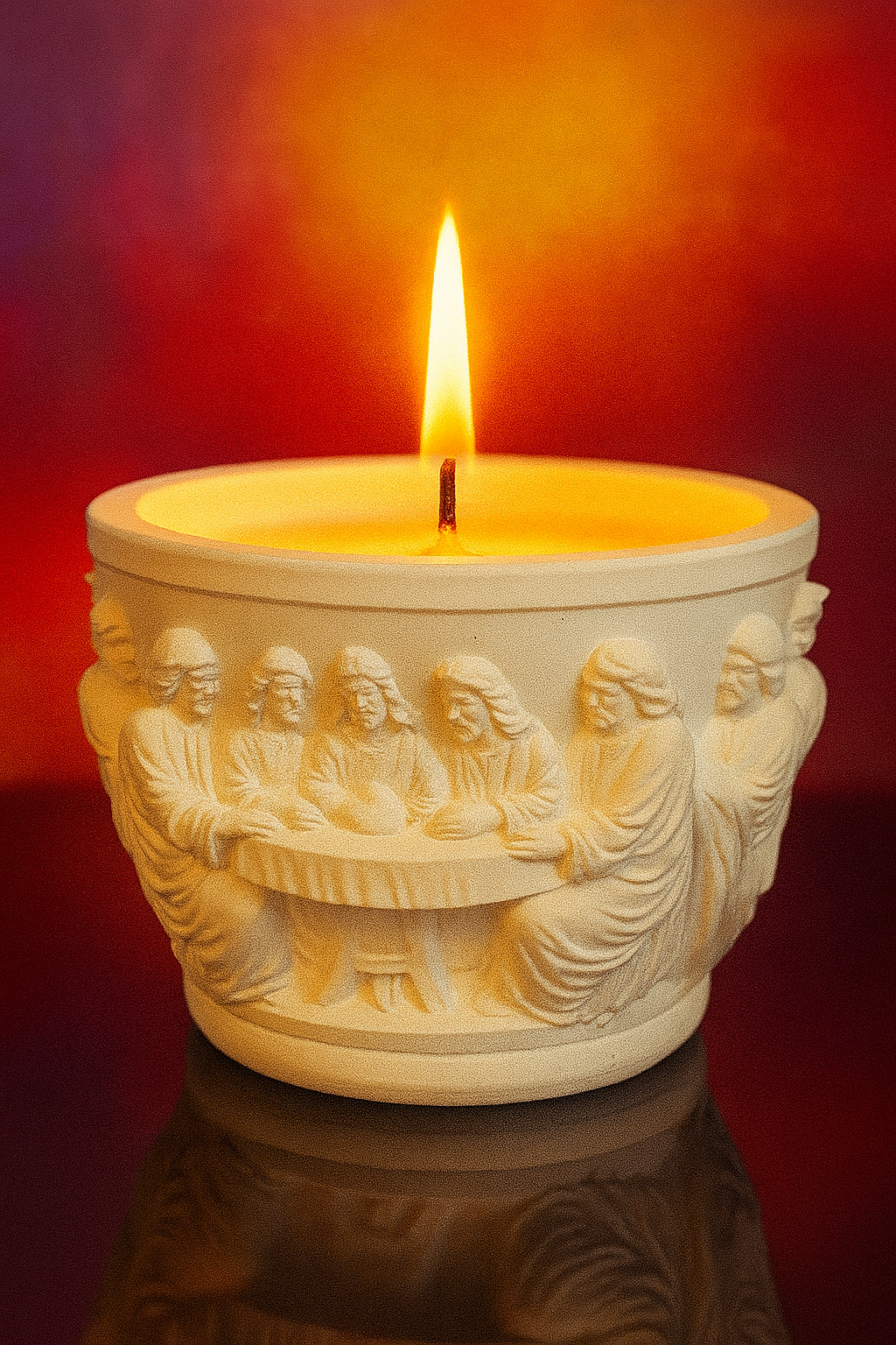 Last Supper Candle: Handmade Gypsum Biblical Relief, Ginger & Spice Scent