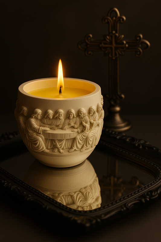 Last Supper Candle: Handmade Gypsum Biblical Relief, Ginger & Spice Scent